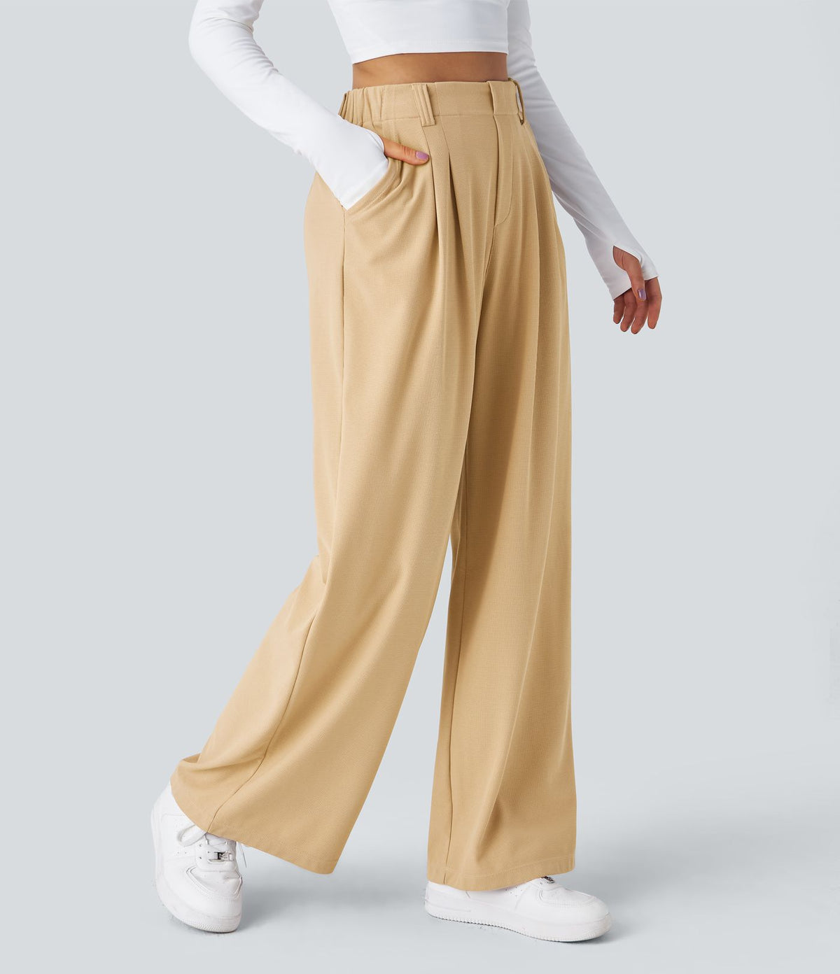 Halara Flex™ Pantalon Tailleur Large Fluide Gaufré Taille Haute Poches Latérales
