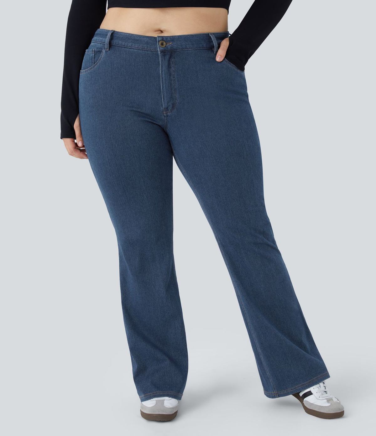 Halara Flex™ Mid Rise Button Pockets Stretchy Knit Casual Slight Flare Plus Size Jeans