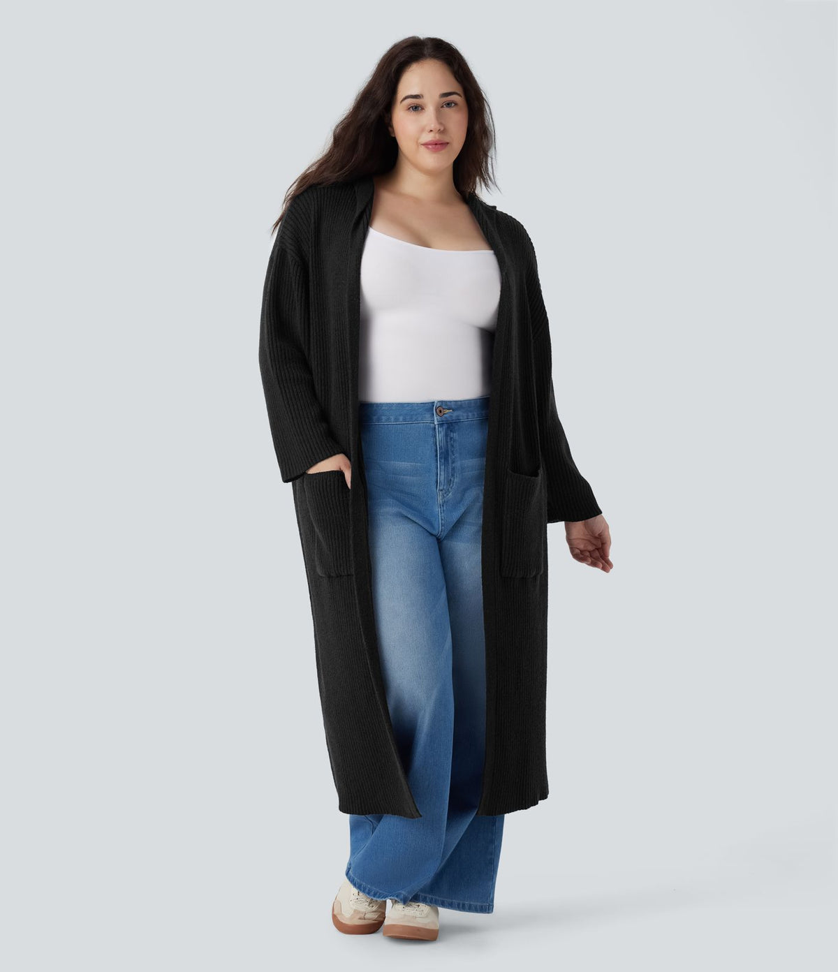 Cardigan long casual à capuche avec poches latérales et fentes grande taille manches longues