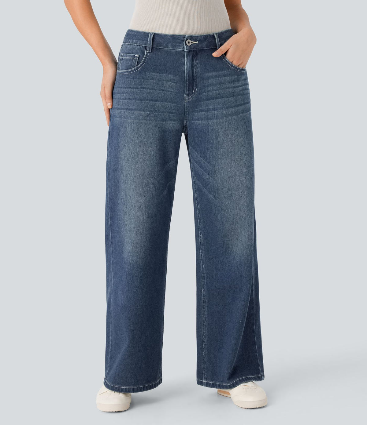 Halara Flex™ Jean Large Casual Taille Basse avec Boutons Zip Multiples Poches Lavés Élastiques et Tricotés