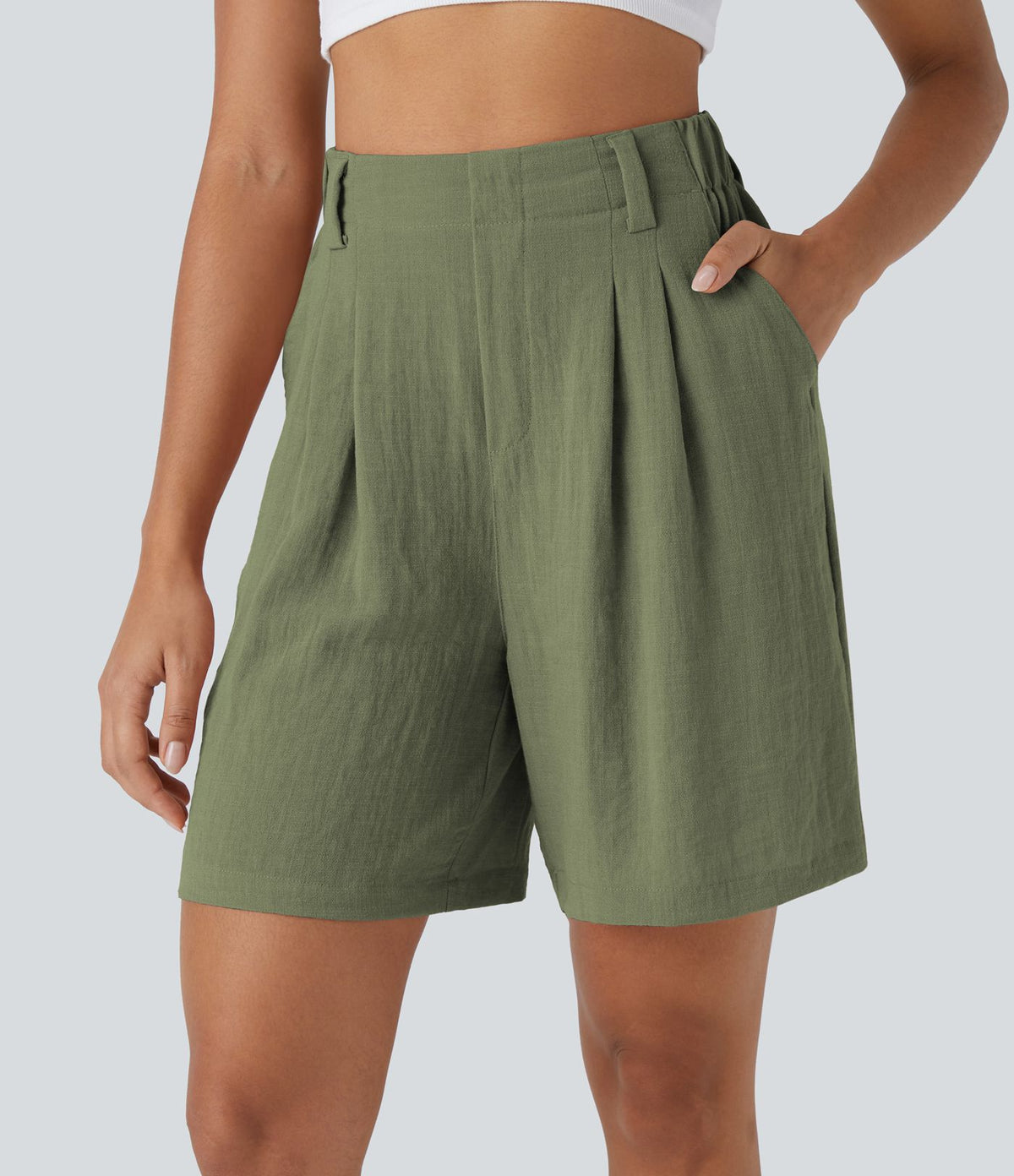 Bermuda Large Fluide Taille Haute avec Plis et Poches Latérales en Lin Synthétique