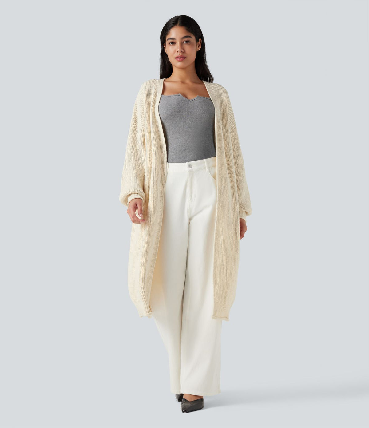 Cardigan de travail tricot ouvert manches longues coupe longue
