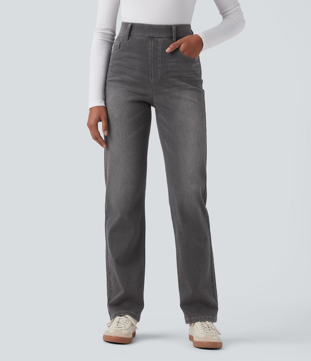 Halara Flex™ Jean casual délavé jambe droite taille haute gainant avec poches