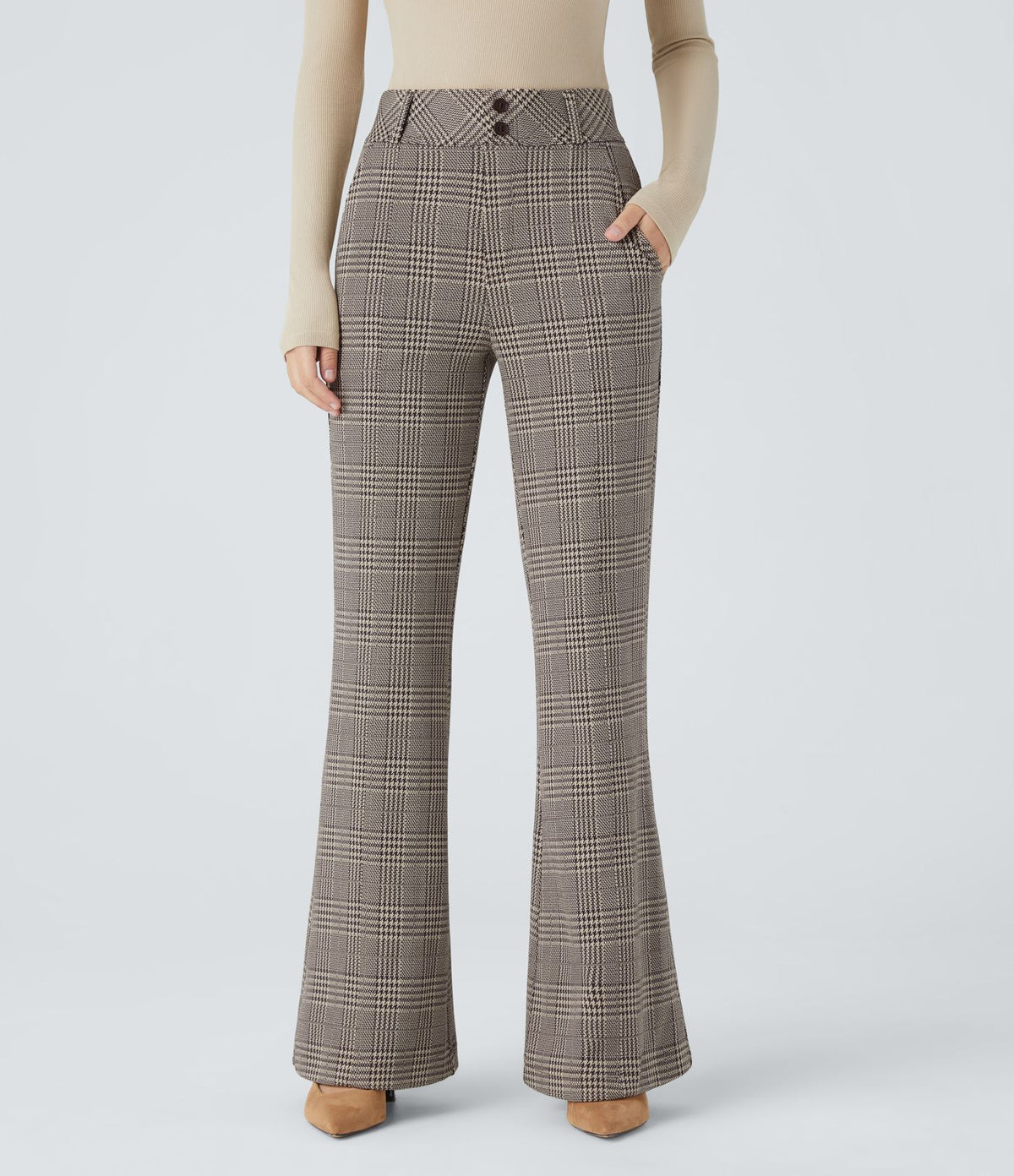 Halara Flex™ Pantalon tailleur évasé à carreaux pied-de-poule, taille haute avec boutons décoratifs et poches latérales