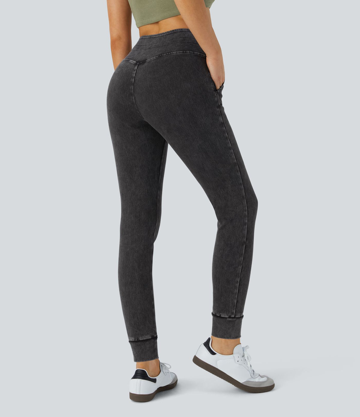 Halara Flex™ Jean Casual Taille Haute avec Cordon de Serrage et Poches Latérales en Tricot Extensible Lavé