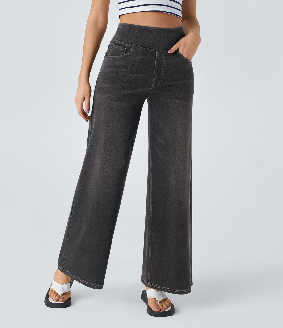 Halara Flex™ Jean Large Casual Taille Haute Poches Multiples Tricot Extensible Délavé