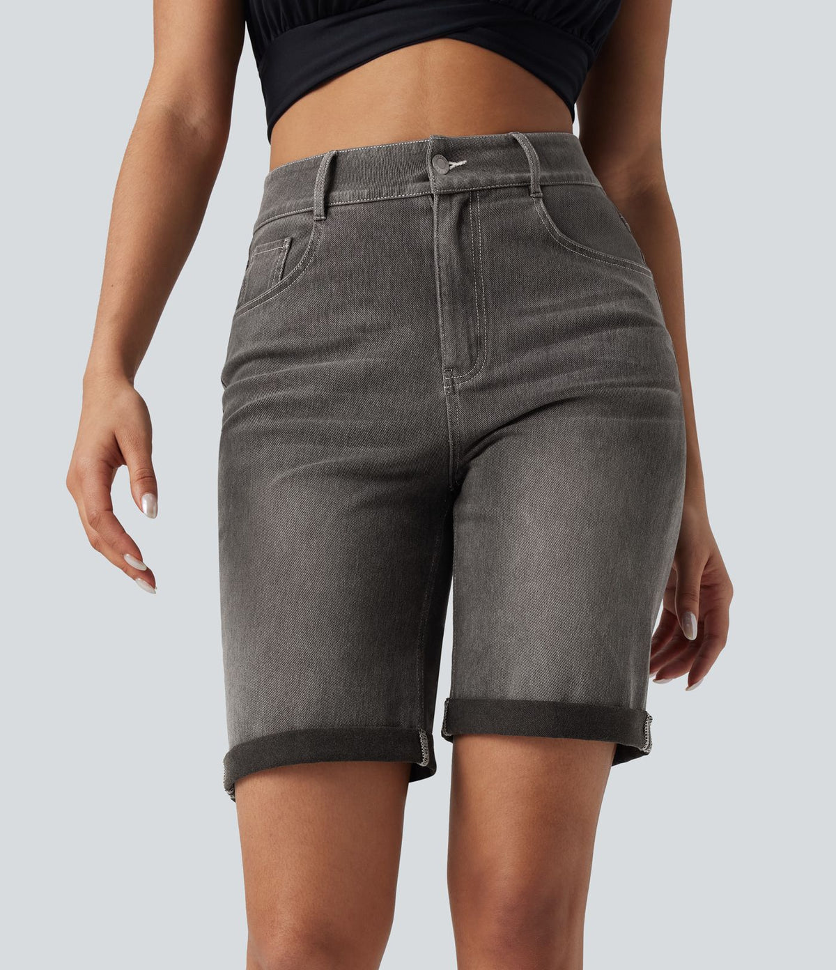 Bermuda décontracté en jean extensible délavé Halara Flex™ taille haute avec revers et multiples poches