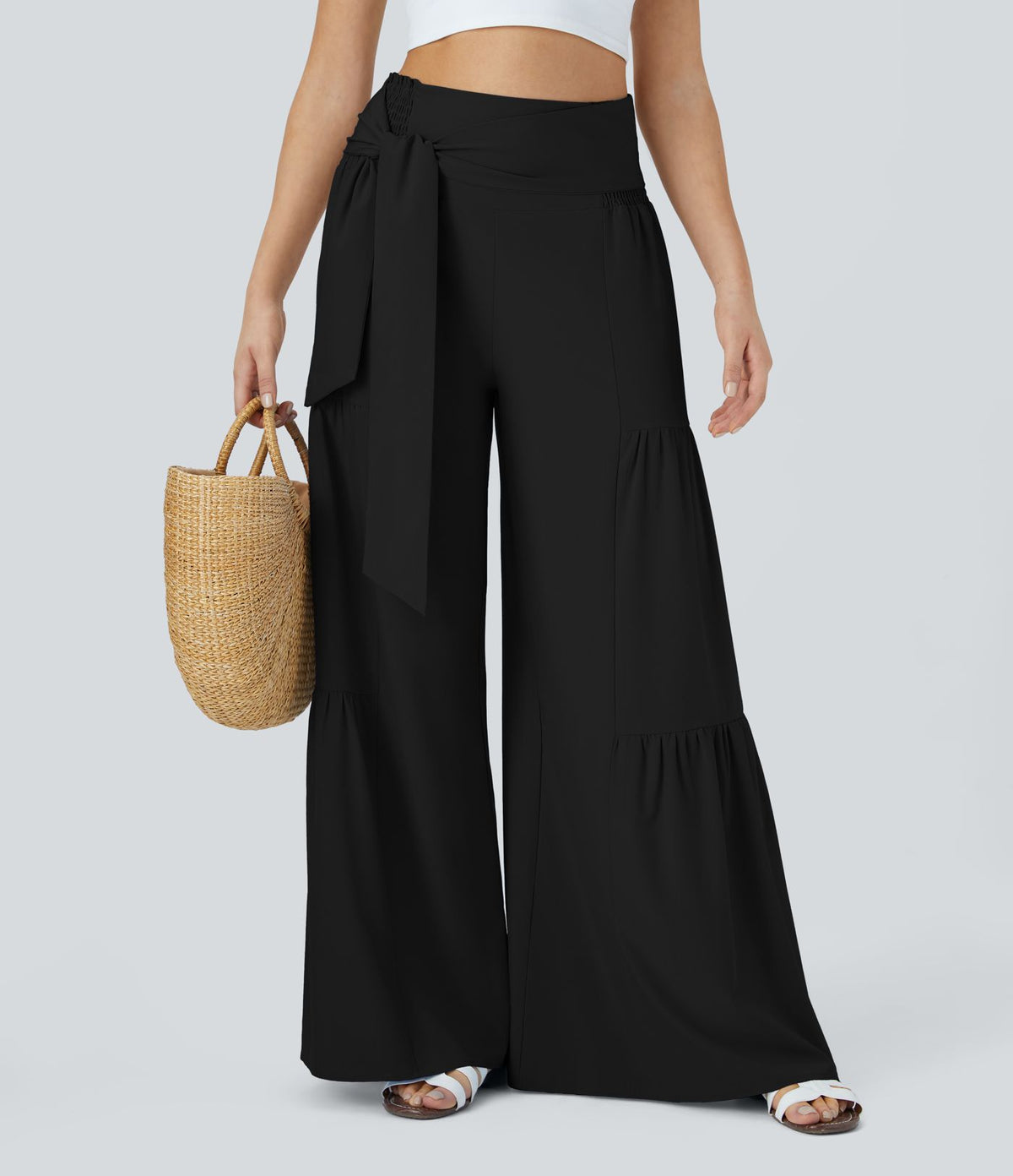 Breezeful™ Pantalon Large Casual Taille Haute Froncé à Nouer Devant et Dos Fluide Séchage Rapide