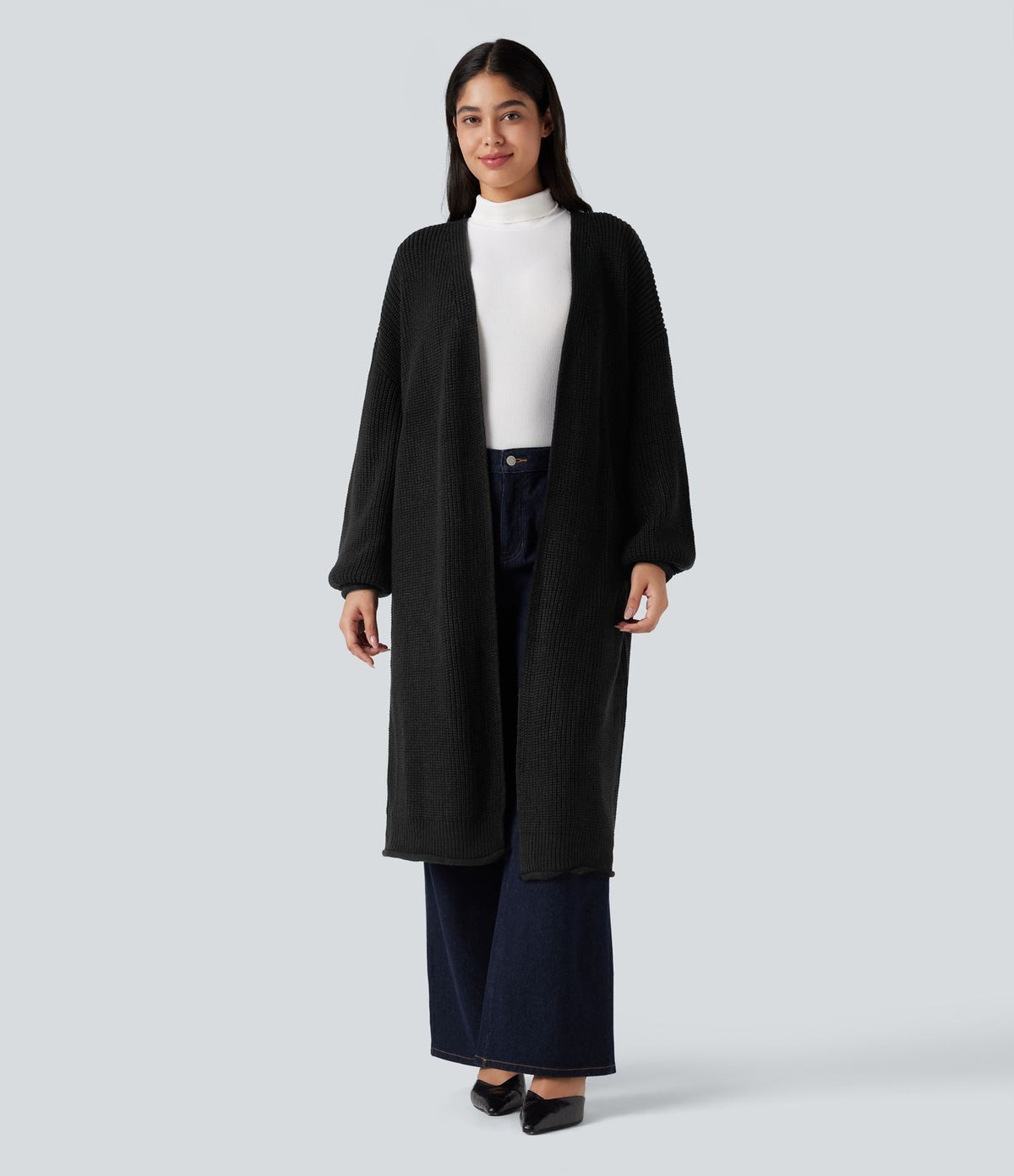Cardigan de travail tricot ouvert manches longues coupe longue