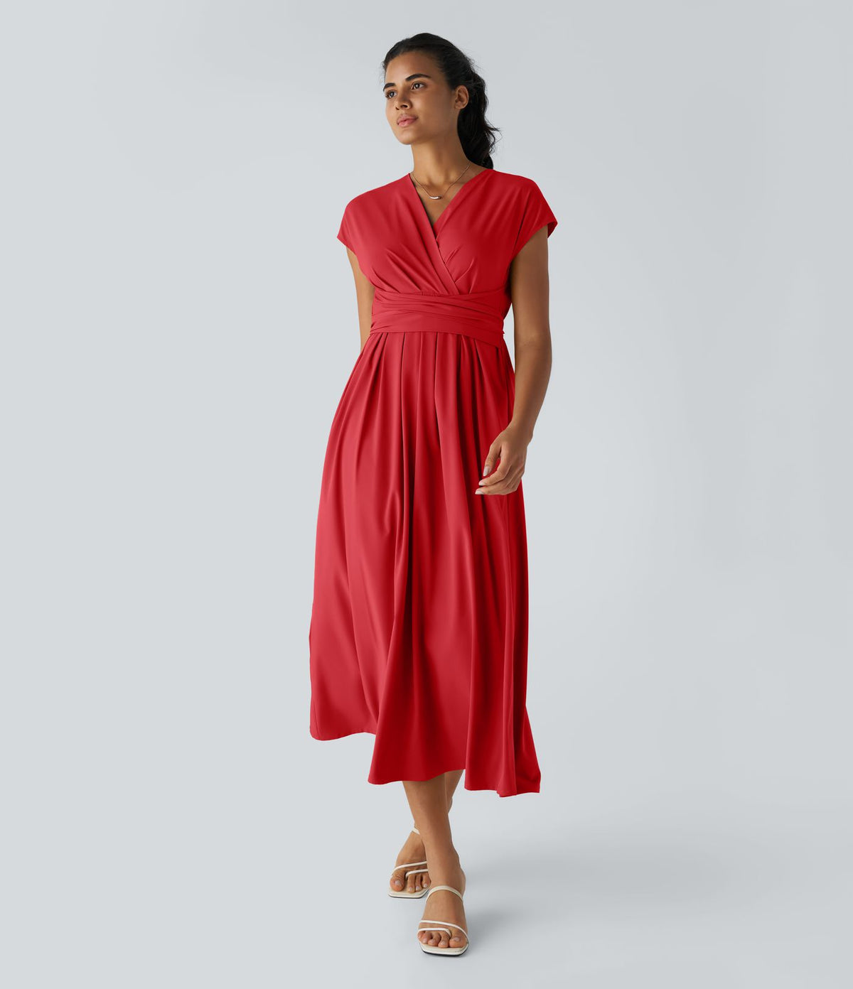Breezeful™ Robe Mi-Longue Col en V Manches Courtes Poche Latérale Nouée au Dos Séchage Rapide