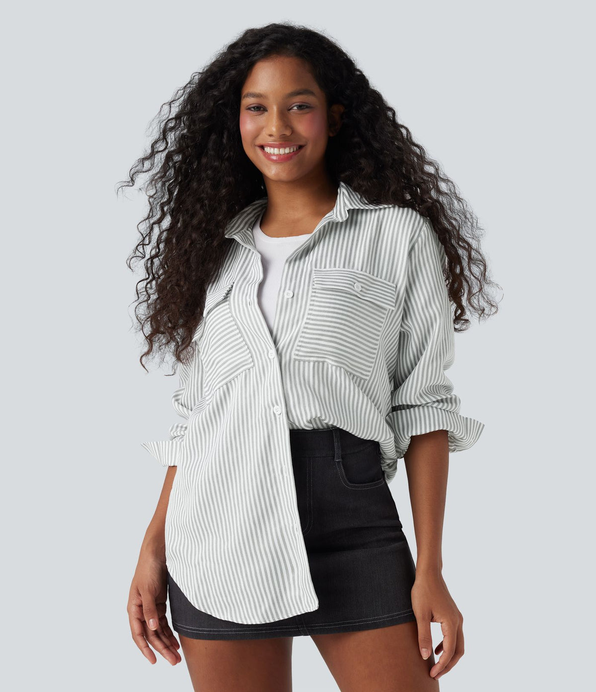 Chemise décontractée manches longues à rayures ourlet arrondi