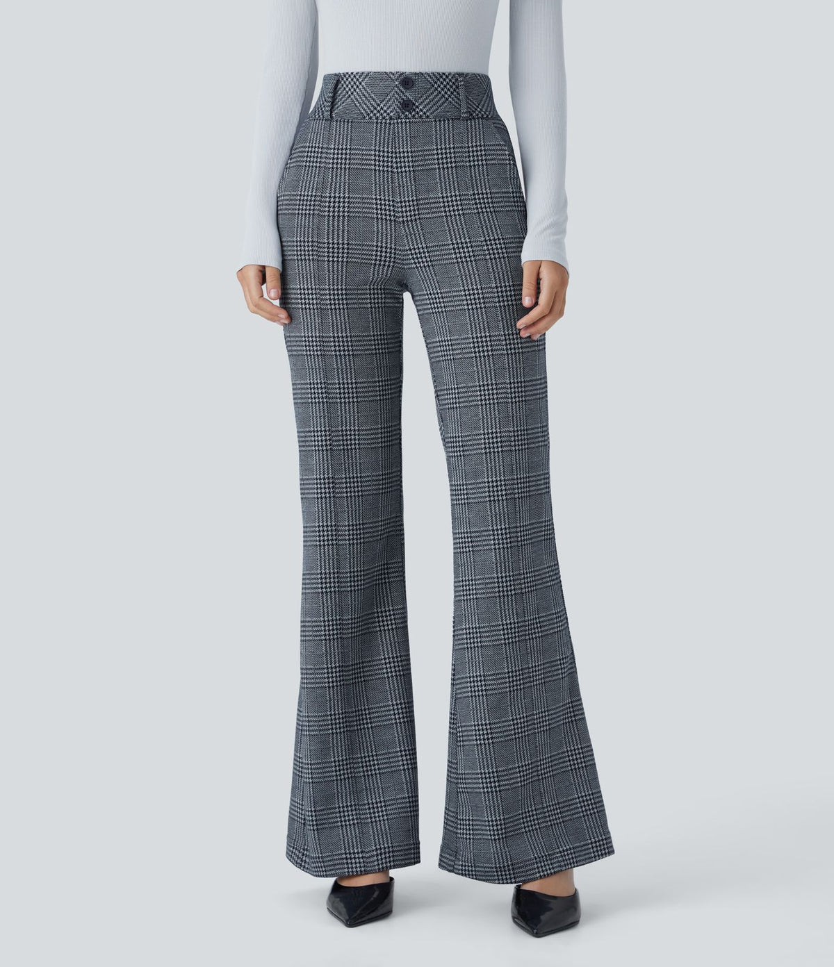 Halara Flex™ Pantalon tailleur évasé à carreaux pied-de-poule, taille haute avec boutons décoratifs et poches latérales