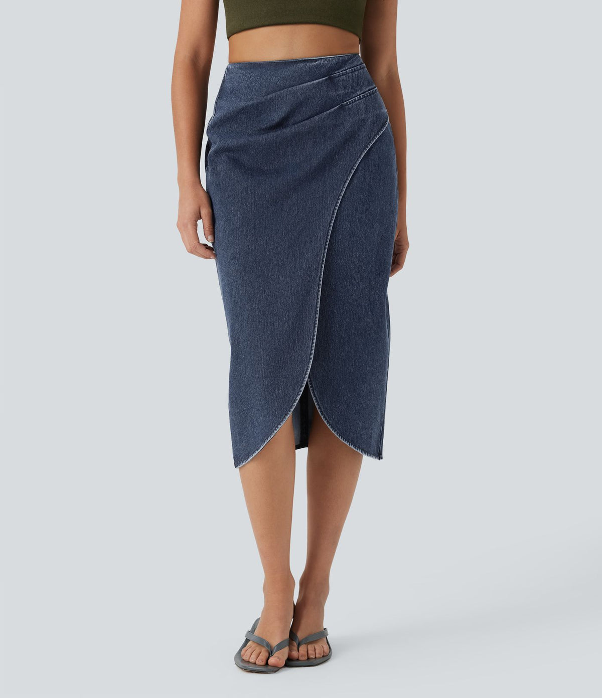 Halara Flex™ Jupe en Jean midi délavé taille haute avec zip dos, effet drapé et ourlet tulipe