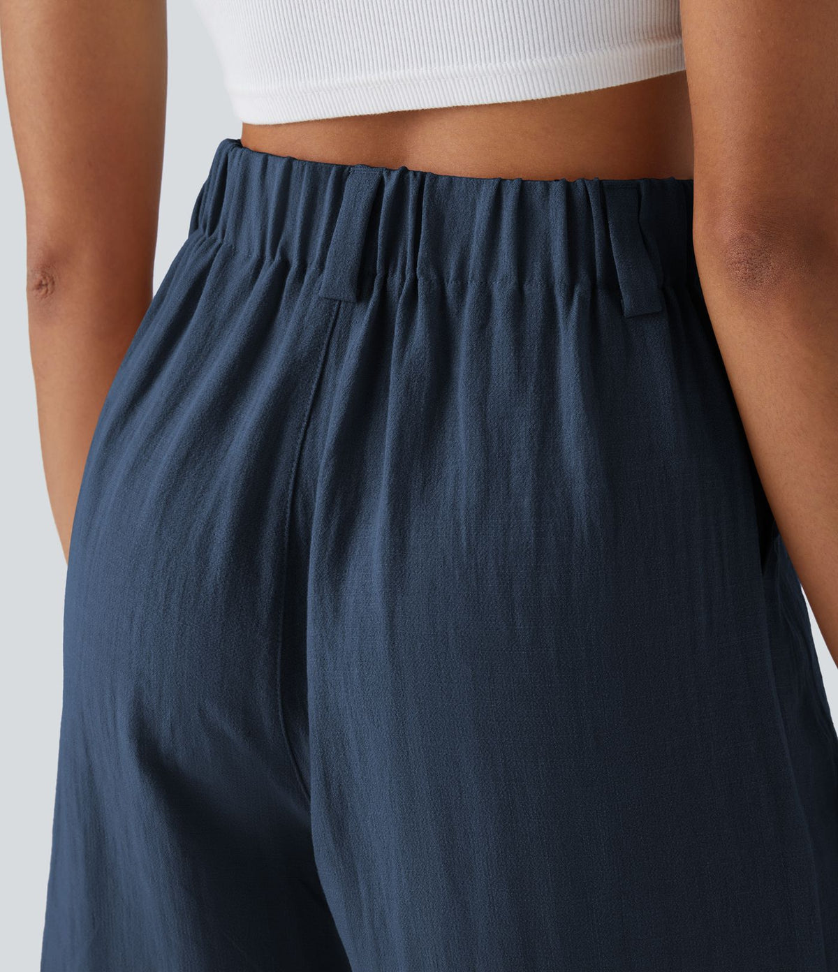 Bermuda Large Fluide Taille Haute avec Plis et Poches Latérales en Lin Synthétique