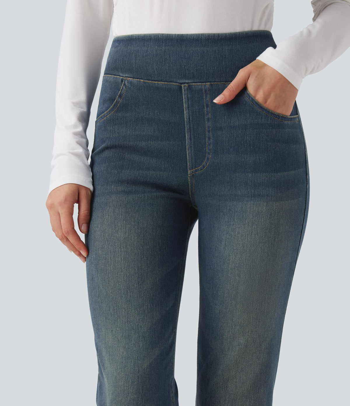 Halara Flex™ Jean bootcut décontracté extensible délavé taille haute à poches multiples