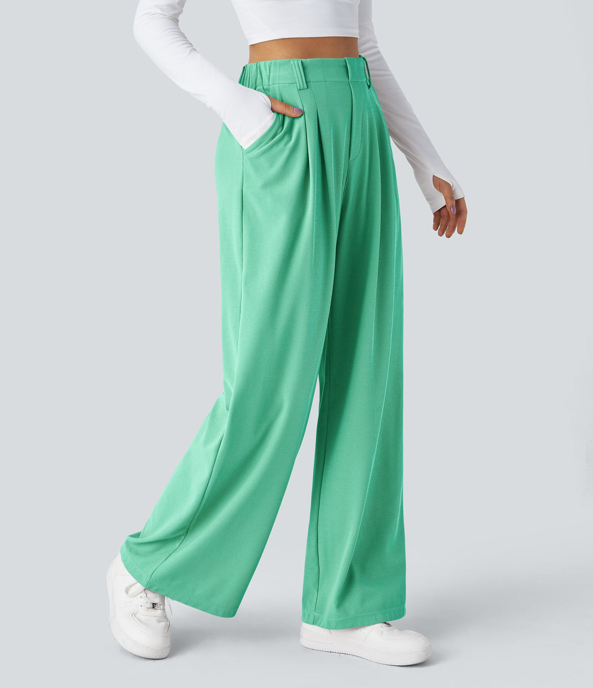 Halara Flex™ Pantalon Tailleur Large Fluide Gaufré Taille Haute Poches Latérales