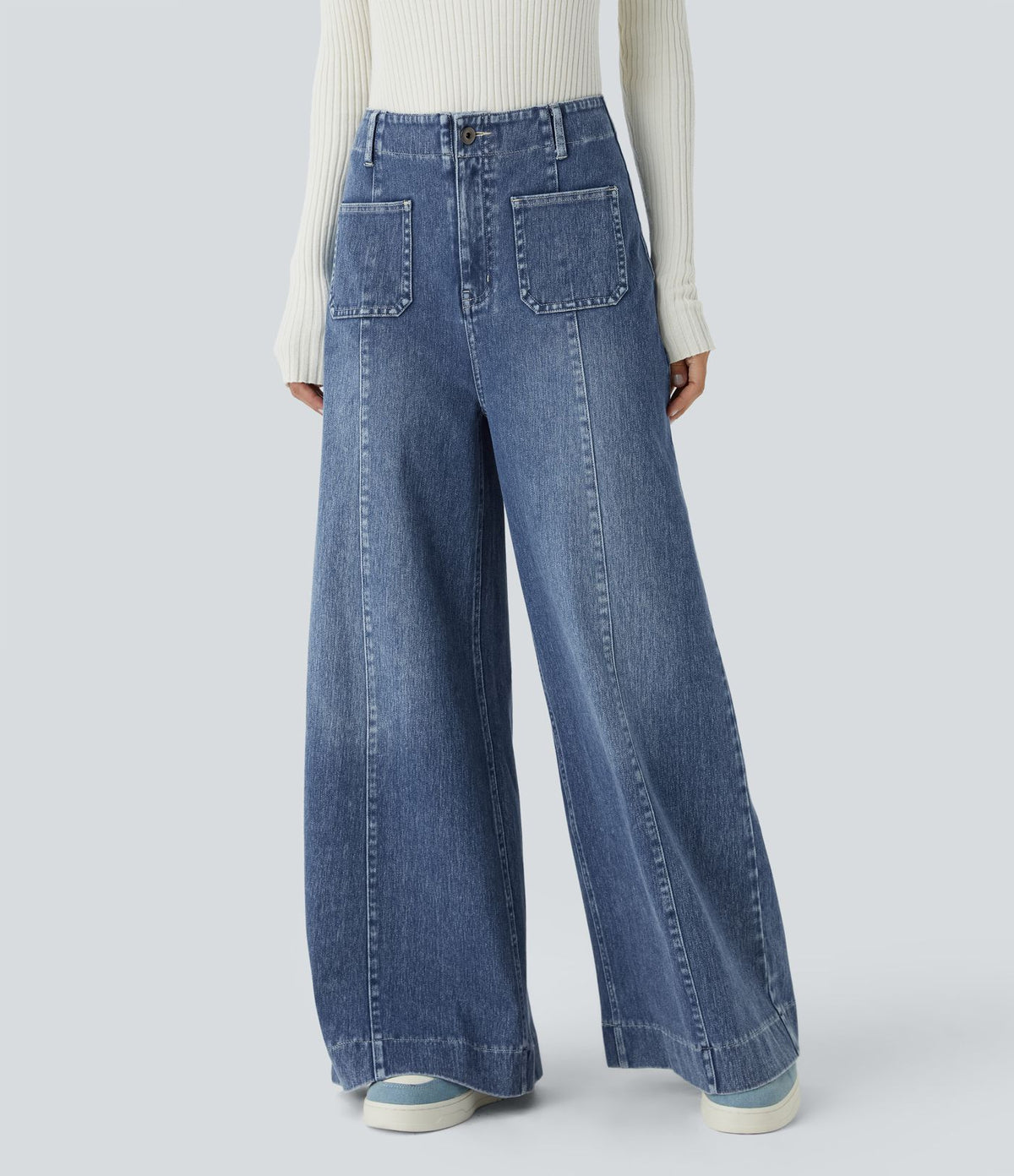 Halara Flex™ Jean large Palazzo et Taille Haute avec Poches Avant en Tricot Extensible Lavé