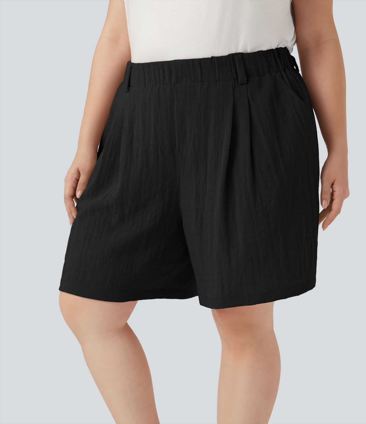 Bermuda décontracté grande taille aspect lin taille haute avec poches