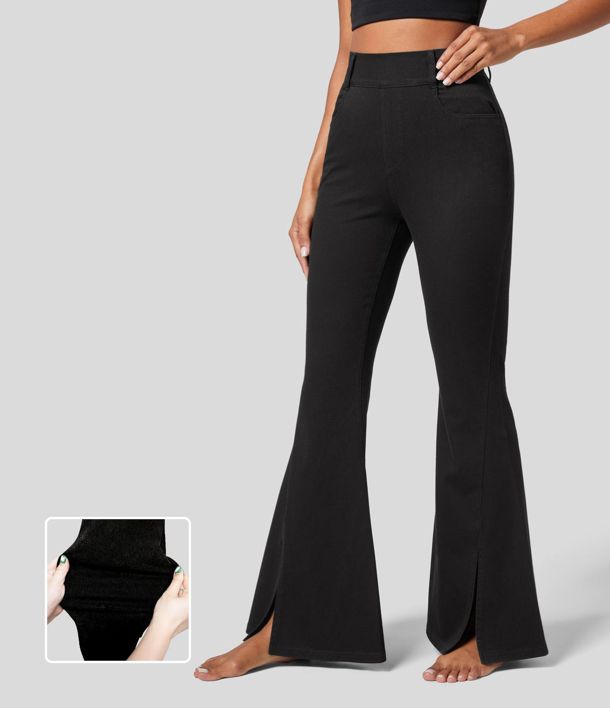 Halara Flex™ Jean Évasé Causal Tricot Extensible Taille Haute avec Poches Latérales Ourlet Fendu