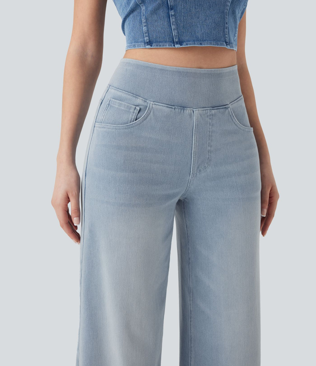 Halara Flex™ Jean Large Casual Taille Haute Poches Multiples Tricot Extensible Délavé