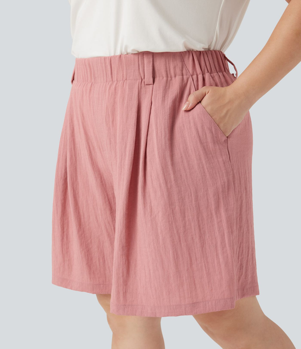 Bermuda décontracté grande taille aspect lin taille haute avec poches