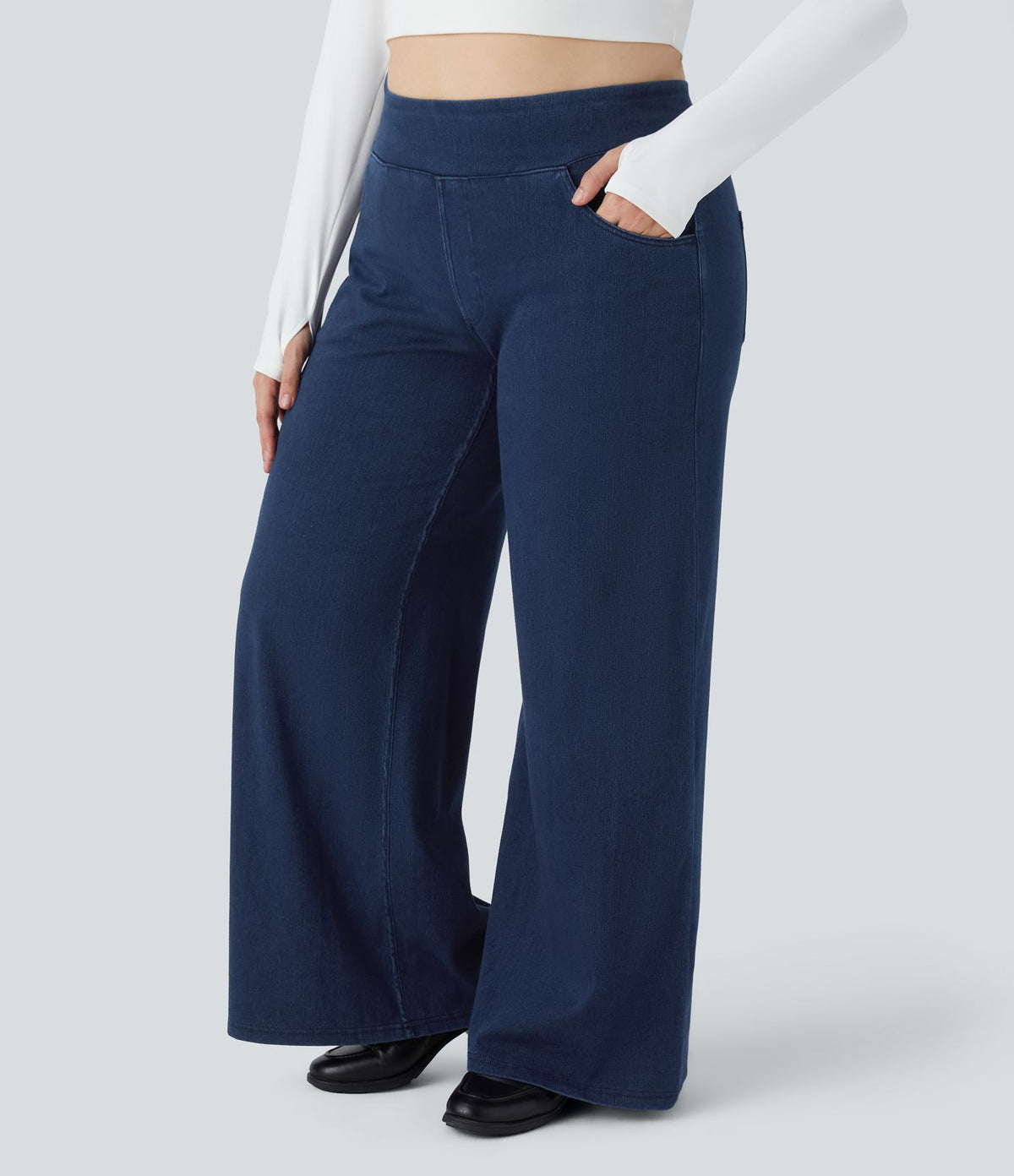 Halara Flex™ High Waisted Multiple Pockets Wide Leg Loose Stretchy Knit Casual Plus Size Jeans