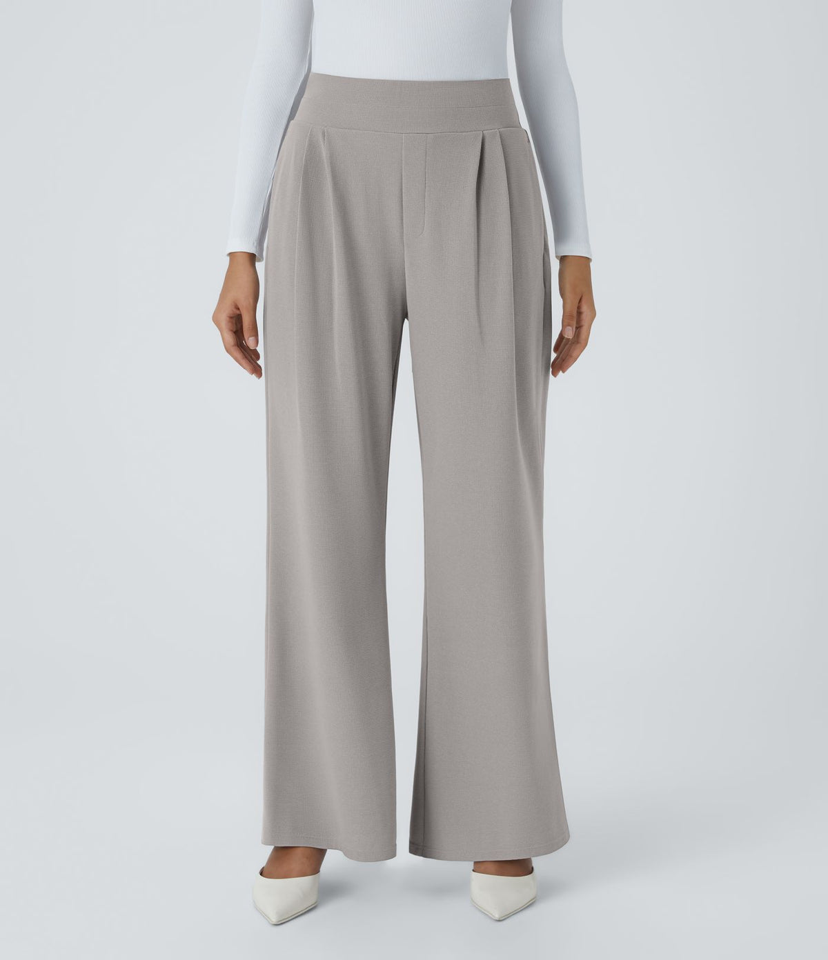 Halara Flex™ Pantalon Tailleur en Tissu Gaufré Taille Haute avec Large Ceinture Plis Poches Latérales Jambes Larges