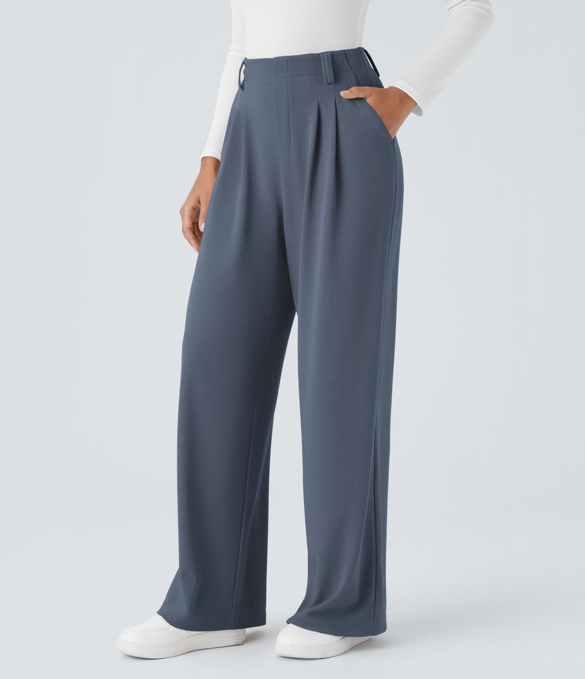 Halara Flex™ Pantalon Tailleur en tissu gaufré à taille haute, jambes larges, plis et poches latérales