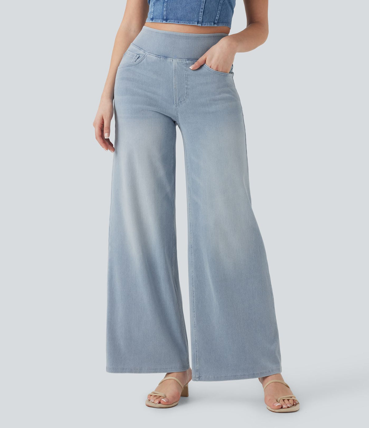 Halara Flex™ Jean Large Casual Taille Haute Poches Multiples Tricot Extensible Délavé