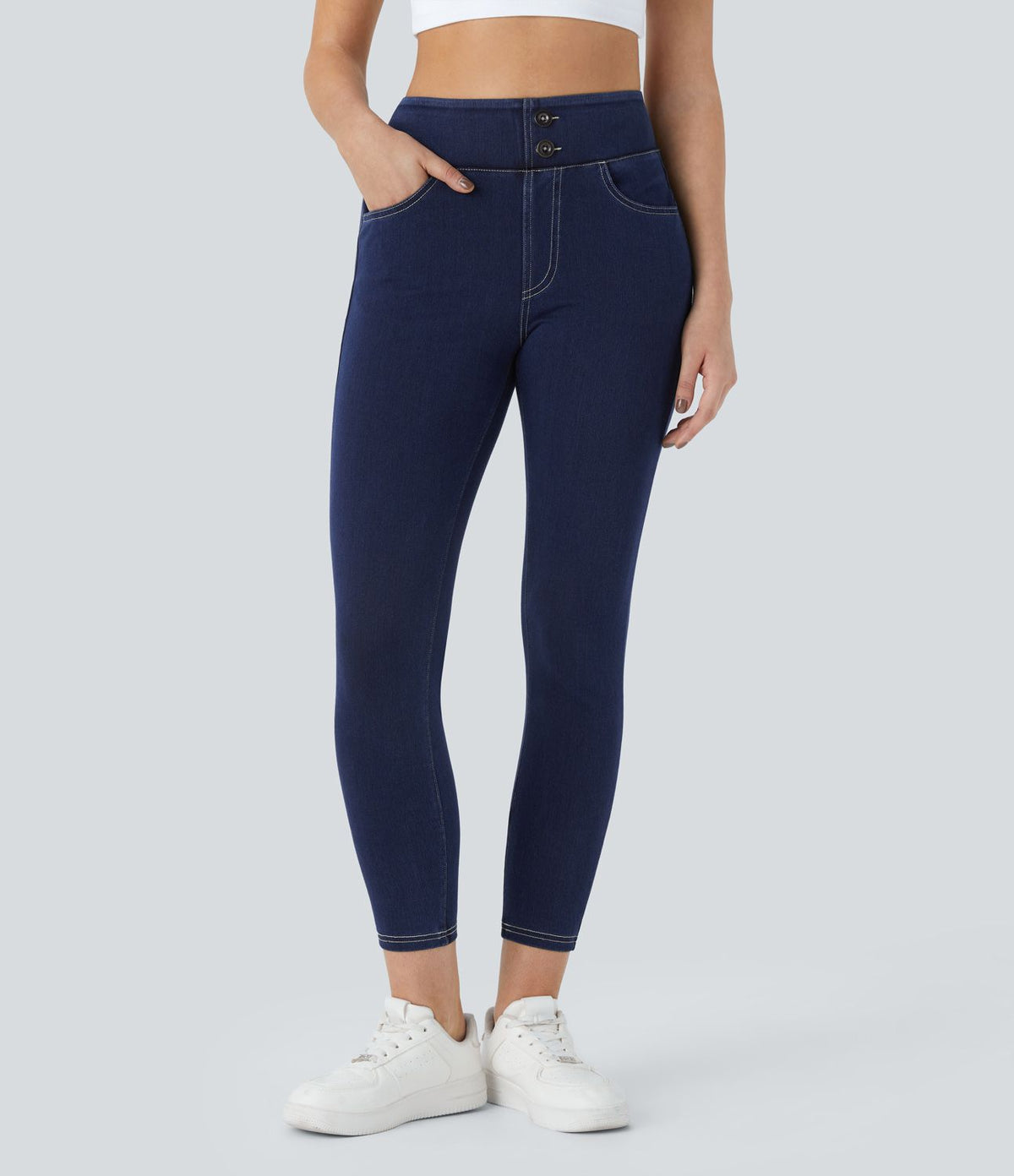 Halara Flex™ Jegging 7/8 Curvy Tricot Extensible Taille Haute avec Boutons Décoratifs et Multipoches