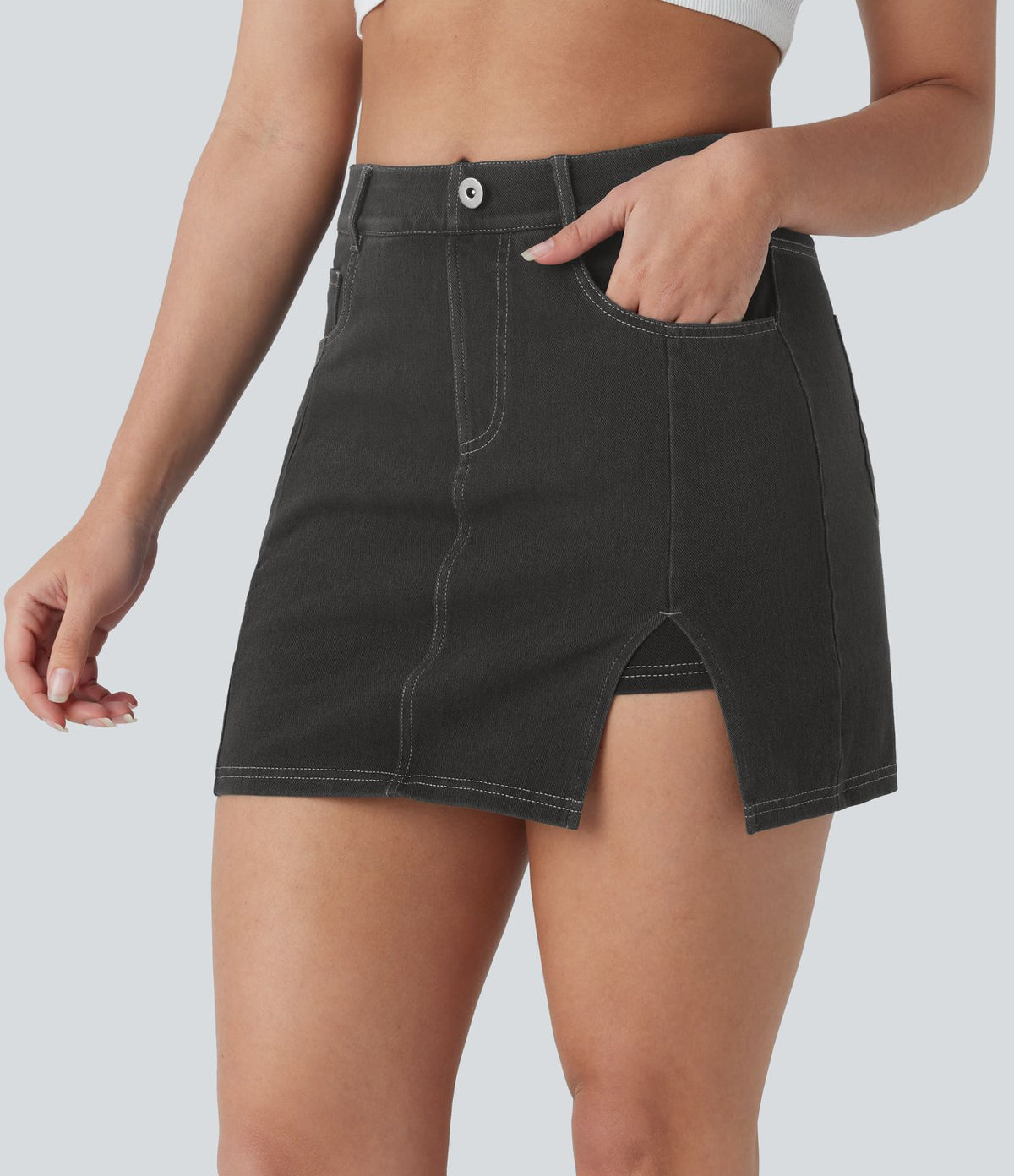 Halara Flex™ Mini-Jupe en Jean décontractée 2-en-1 moulante à taille haute avec poches multiples, fente, effet délavé et tissu extensible
