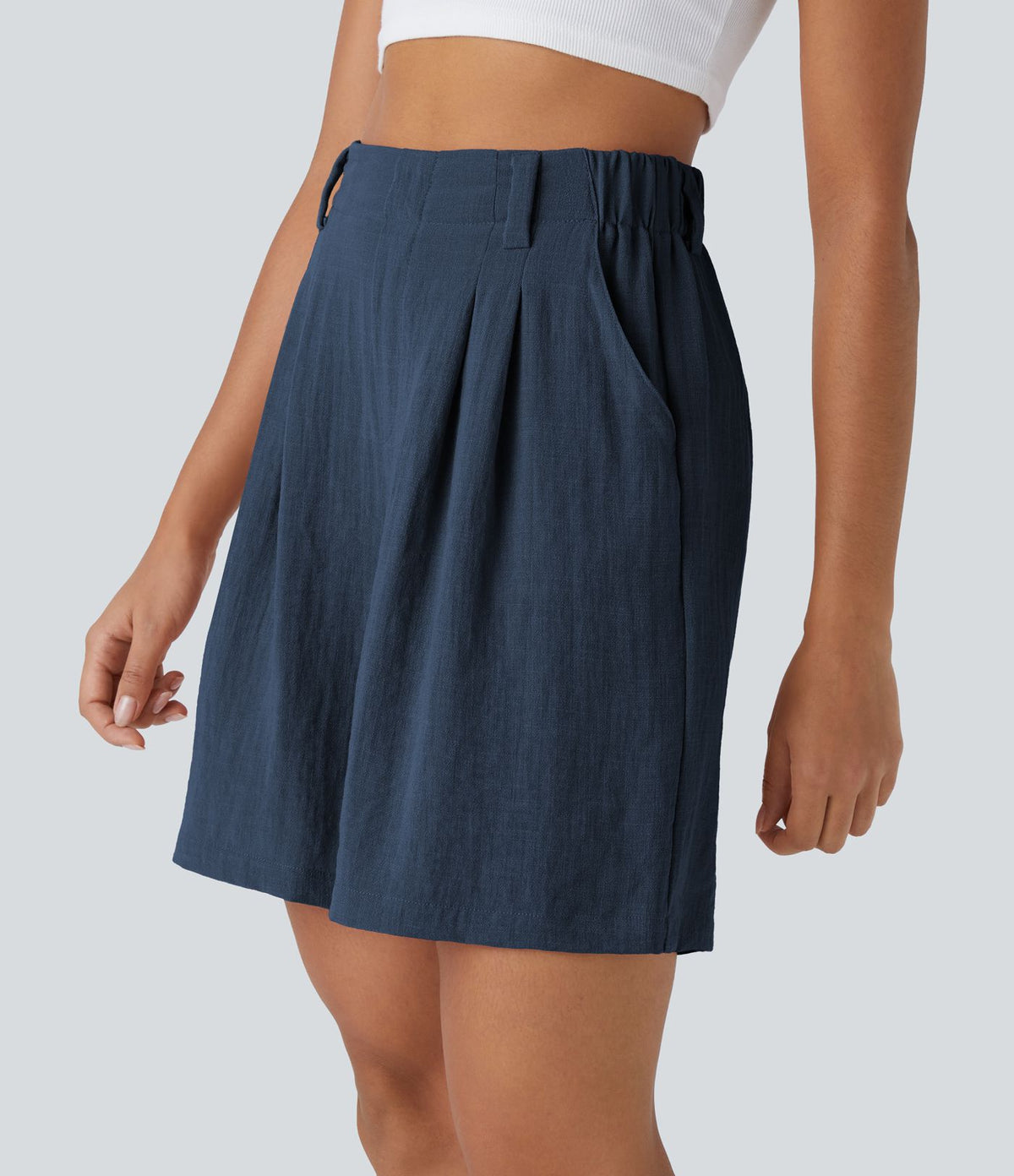 Bermuda Large Fluide Taille Haute avec Plis et Poches Latérales en Lin Synthétique