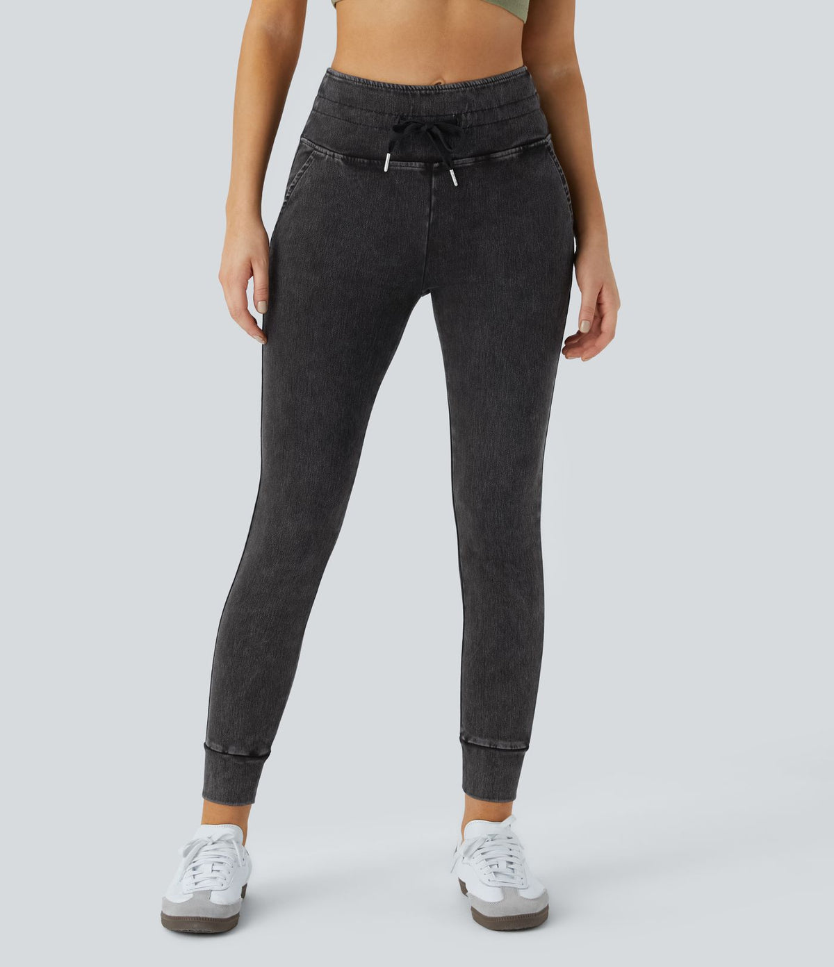 Halara Flex™ Jean Casual Taille Haute avec Cordon de Serrage et Poches Latérales en Tricot Extensible Lavé