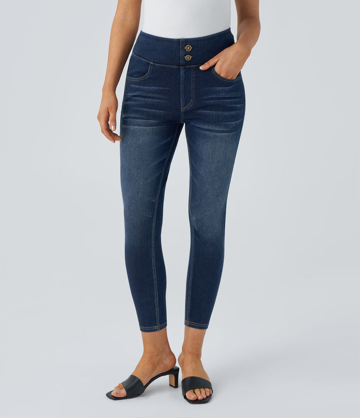 Halara Flex™ Jean Casual 7/8 à Taille Haute pour Courbes avec Boutons Décoratifs Plusieurs Poches Tricot Extensible et Lavé