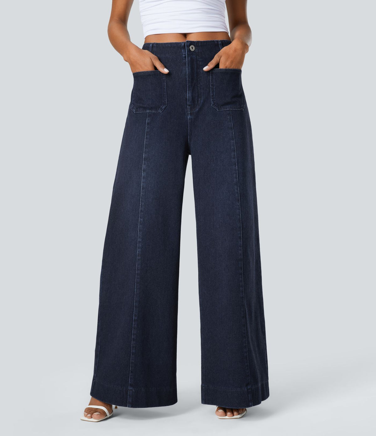 Halara Flex™ Jean large Palazzo et Taille Haute avec Poches Avant en Tricot Extensible Lavé