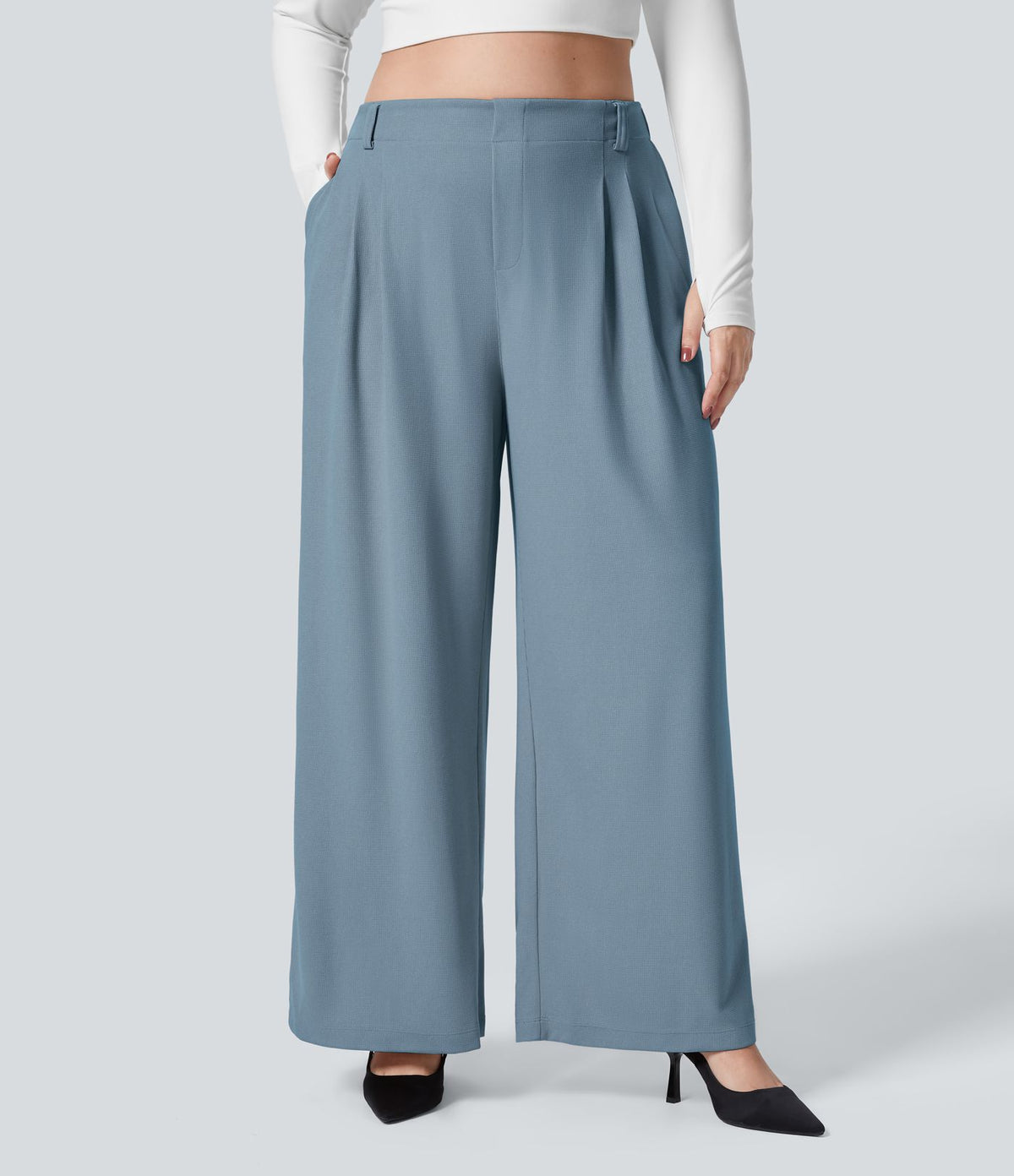 Halara Flex™ Pantalon tailleur Grande taille à Taille Haute, Poches Latérales Plissées, Jambes Larges, en Tissu Gaufré