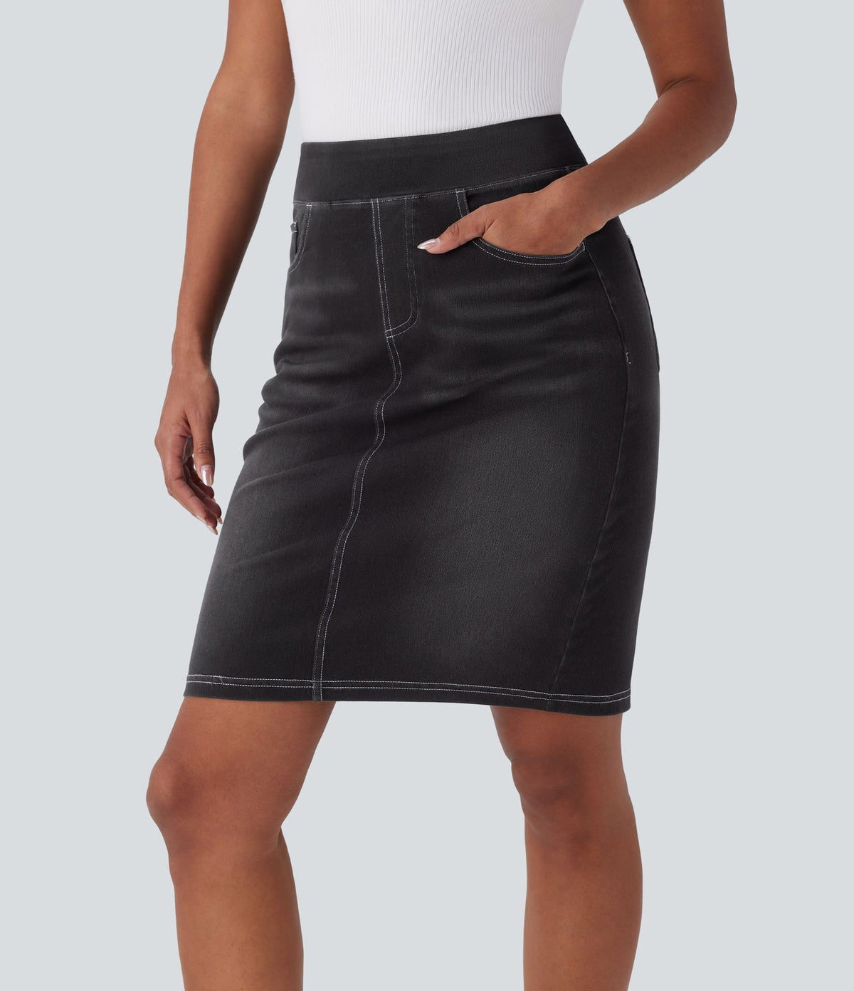 Halara Flex™ Jupe en Jean décontractée stretch délavé à taille haute, multiples poches et fente latérale