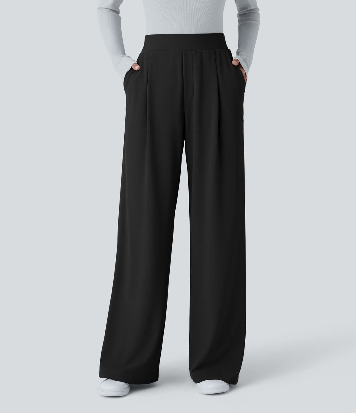 Halara Flex™ Pantalon Tailleur en tissu gaufré à taille haute, jambes larges, poches latérales et plis décoratifs