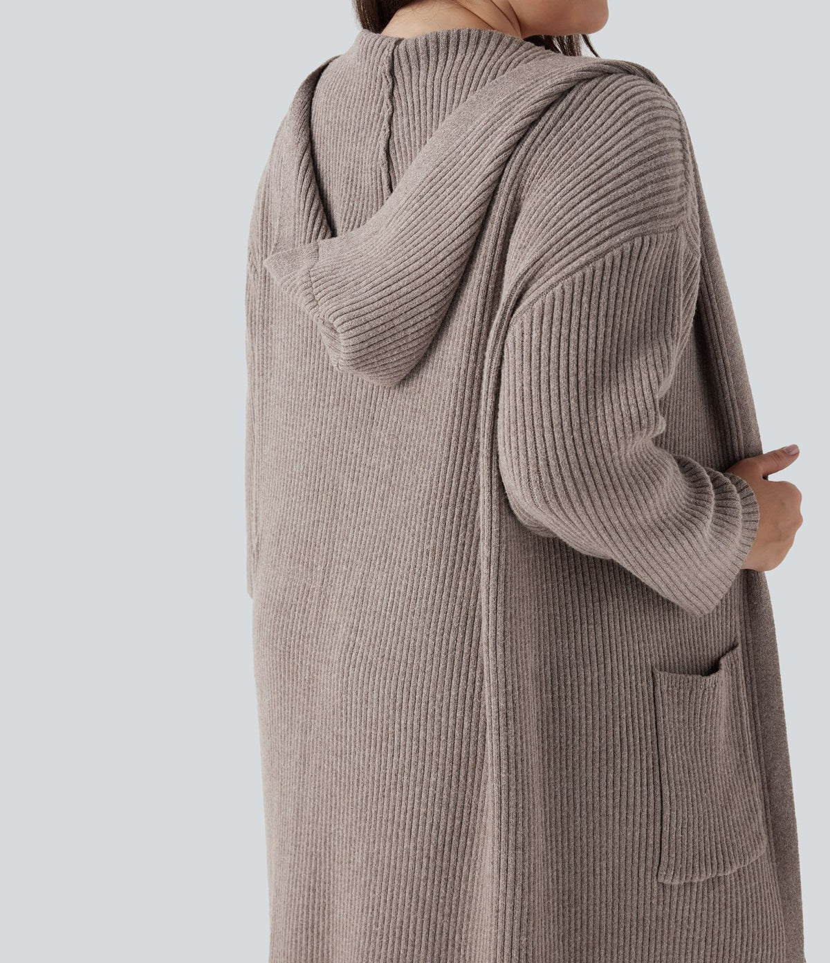Cardigan long casual à capuche avec poches latérales et fentes grande taille manches longues