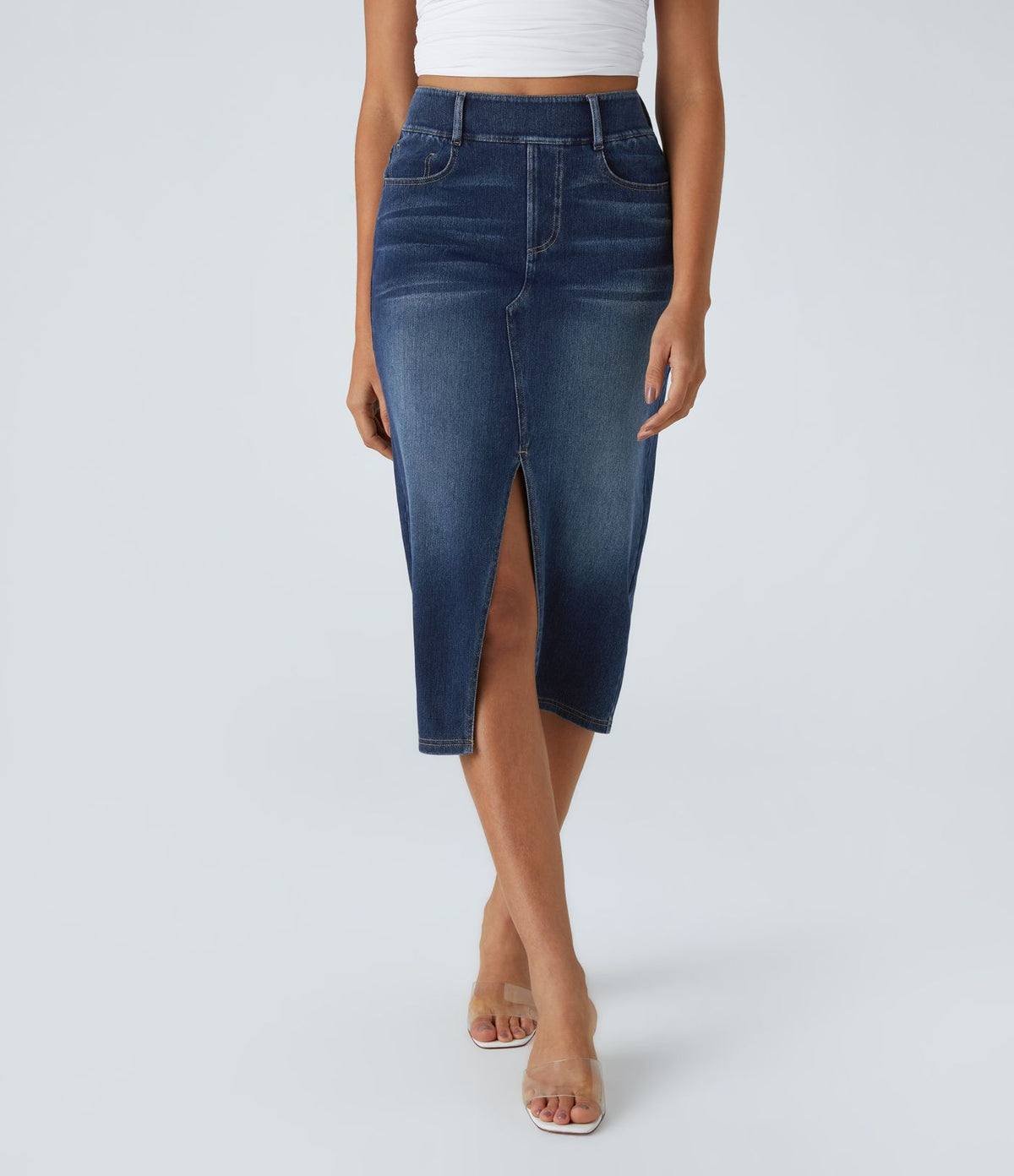 Halara Flex™ Jupe en Jean Casual Mi-Longue Délavé Extensible Plusieurs Poches Taille Haute