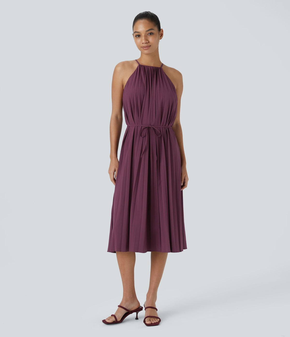 Breezeful™ Robe Décontractée Midi sans Manches Dos Nu avec Nœud à l'Arrière Plissée Ceinturée à Séchage Rapide