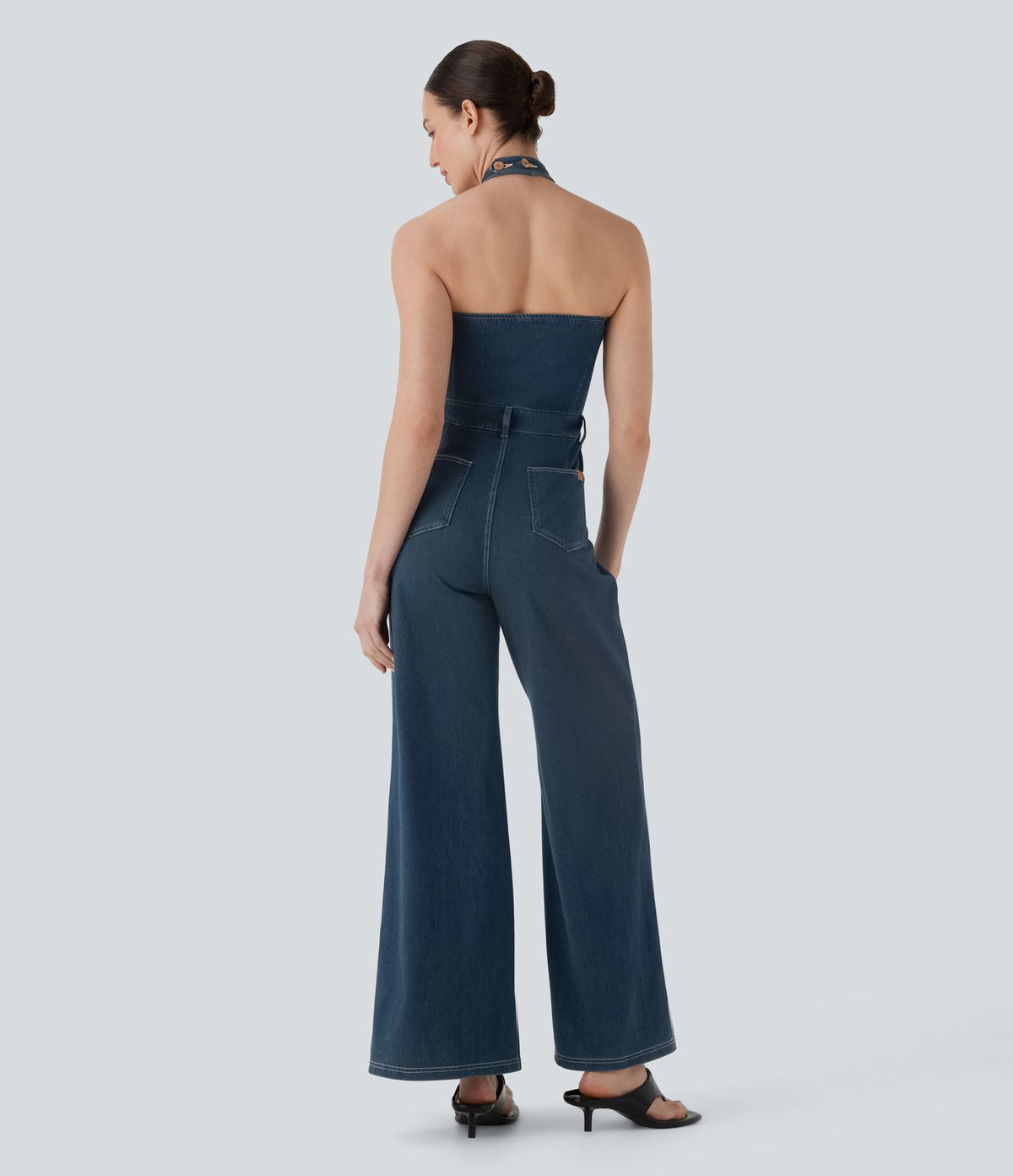 Combinaison décontractée Halara Flex™ col licou dos nu jambes larges en denim maille extensible avec multiples poches