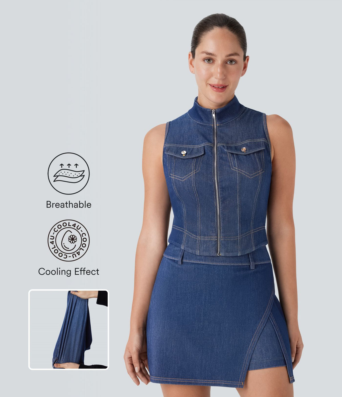 Débardeur de tennis Halara Flex™ en denim stretch délavé avec col montant, fermeture éclair et effet frais InstantCool