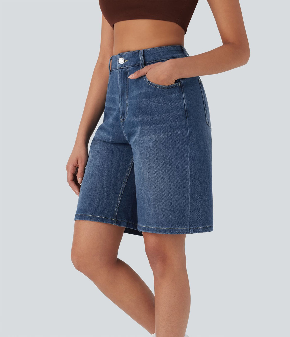 Bermuda en jean délavé Halara Flex™ taille haute à poches multiples